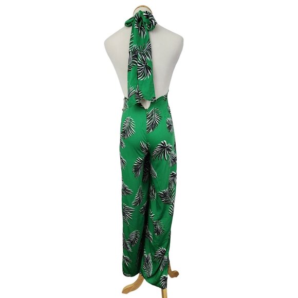 Jumper Women's Small Sleeveless Halter Tie Neck Wide Leg Green Tropical Print - Picture 3 of 9